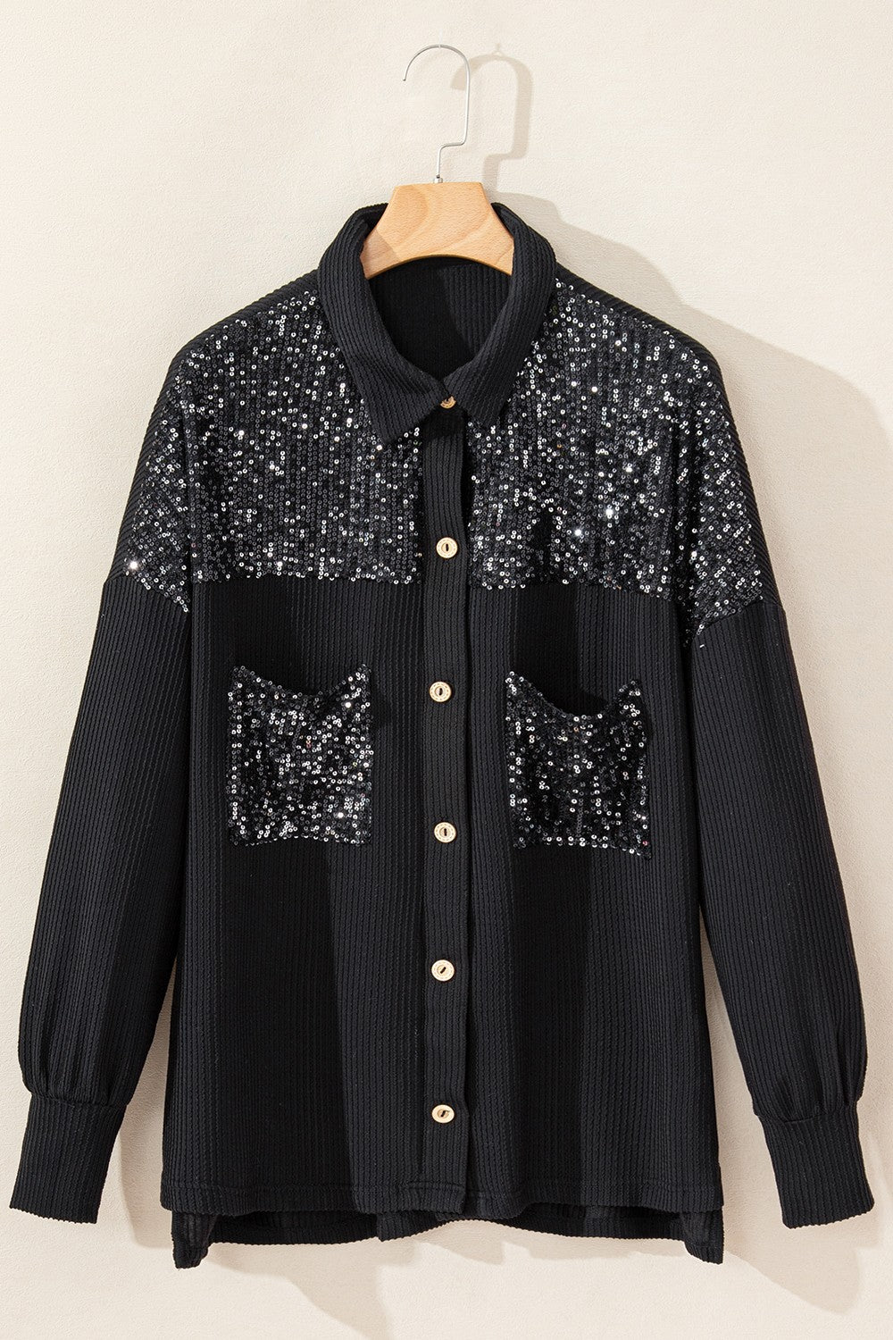 Sequin Button Up Dropped Shoulder Jacket-Angel Casuals
