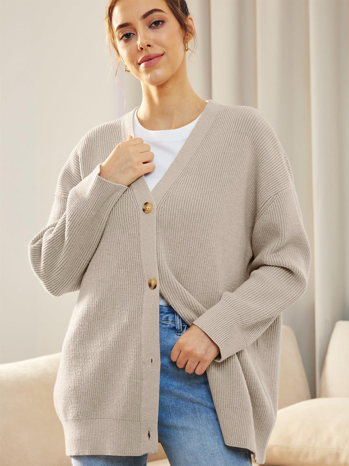 Button Down V-Neck Long Sleeve Cardigan-Angel Casuals