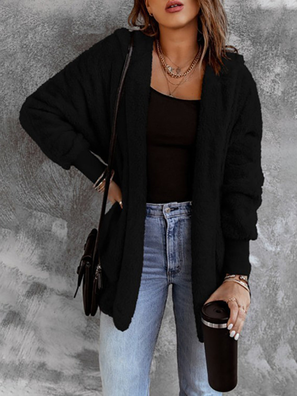 Open Front Hooded Faux Fur Outwear with Pockets-Angel Casuals