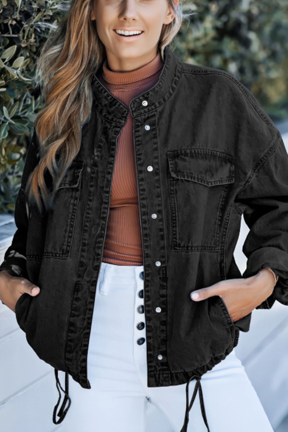 Drawstring Snap Down Denim Jacket with Chest Pockets-Angel Casuals