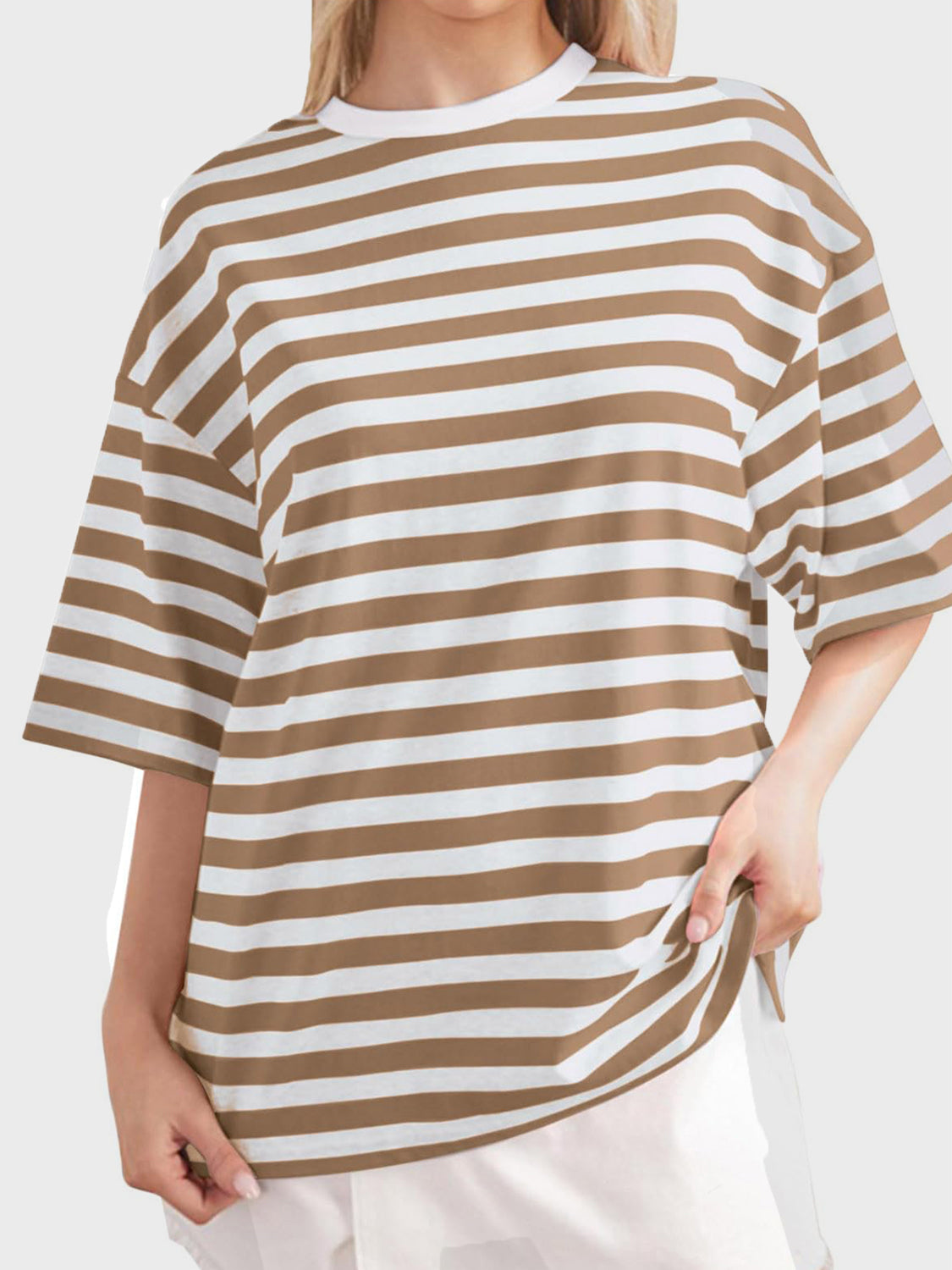 Striped Round Neck Half Sleeve T-Shirt-Angel Casuals
