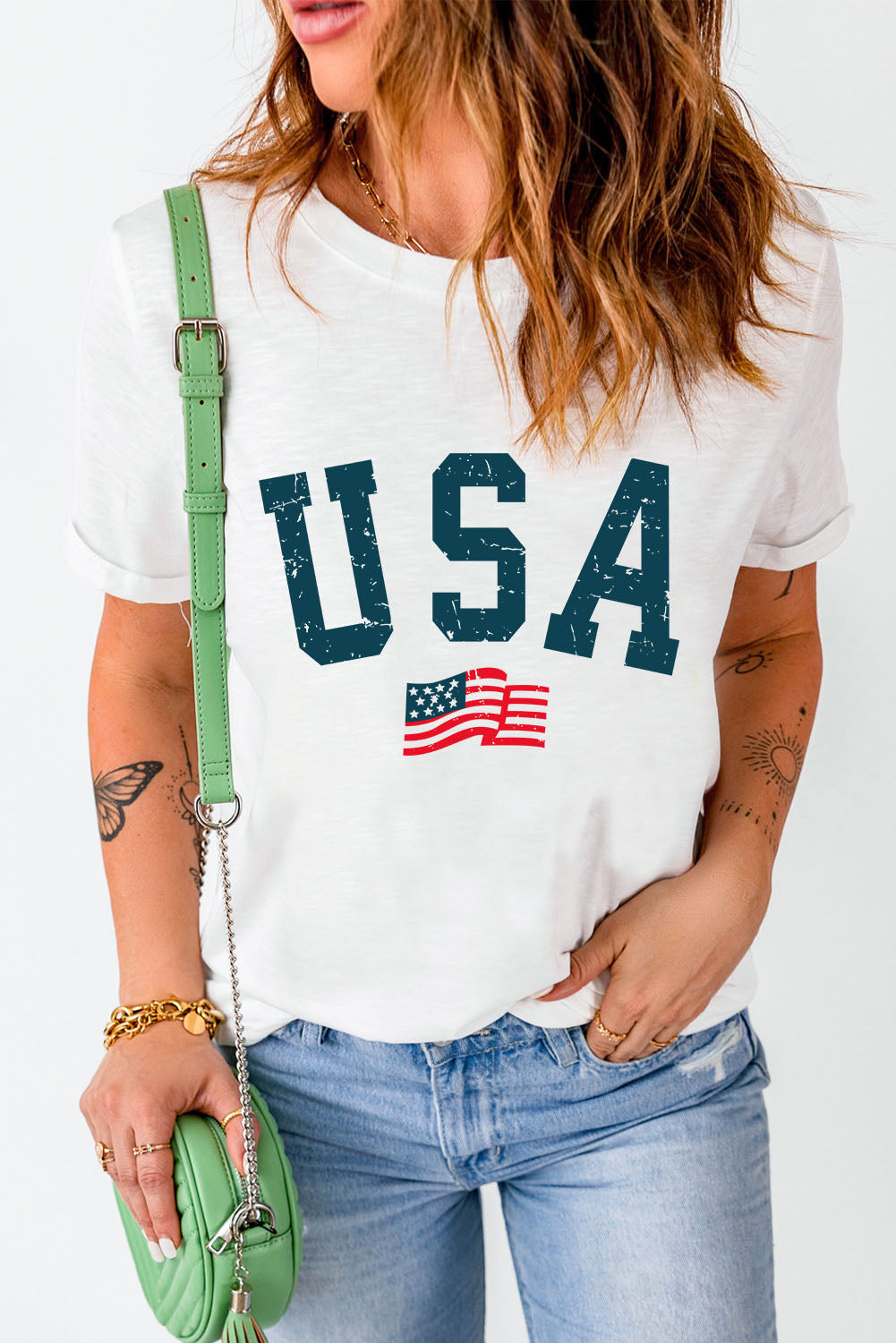 USA Round Neck Short Sleeve T-Shirt-Angel Casuals
