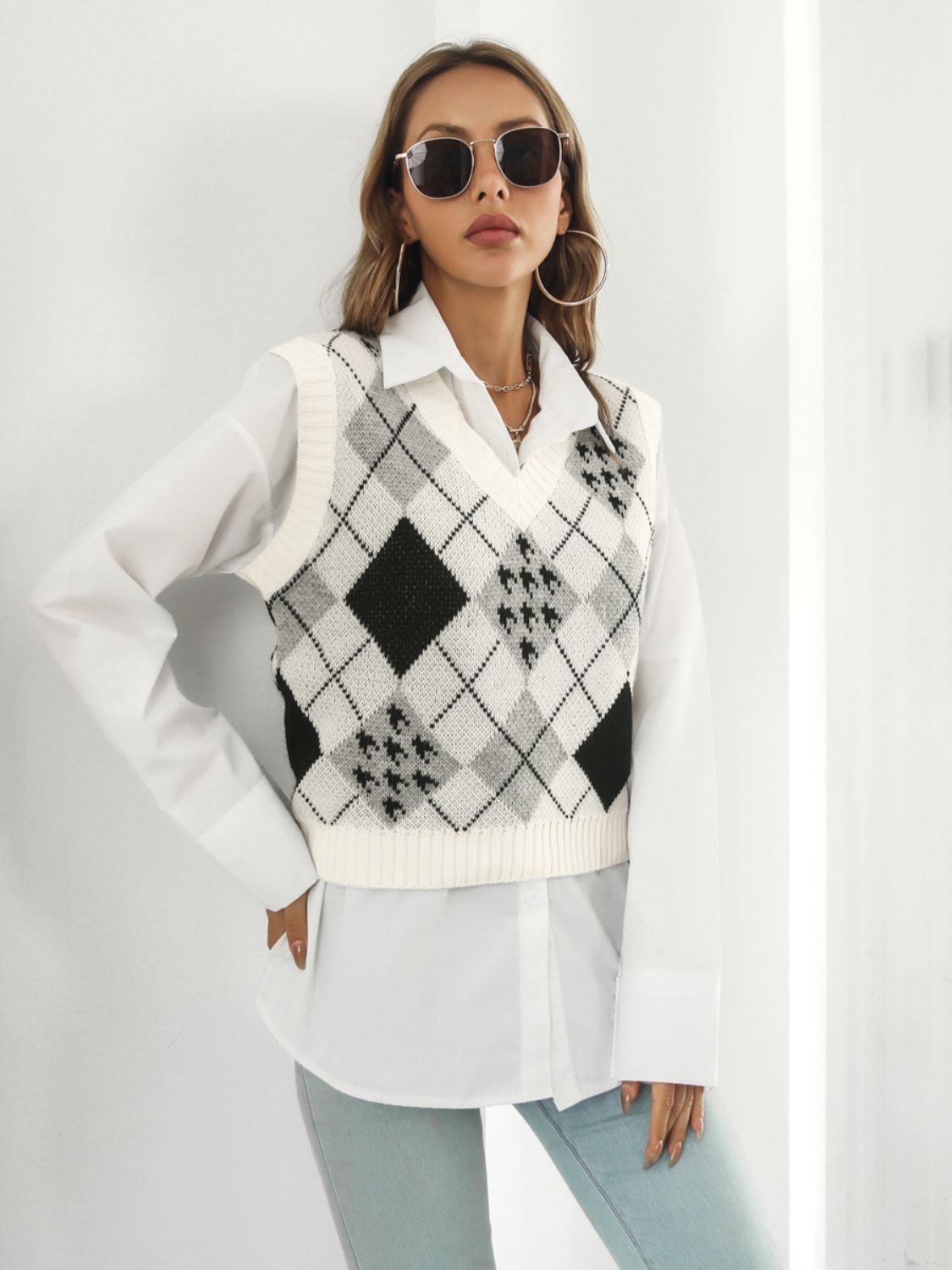 V-Neck Plaid Sweater Vest-Angel Casuals