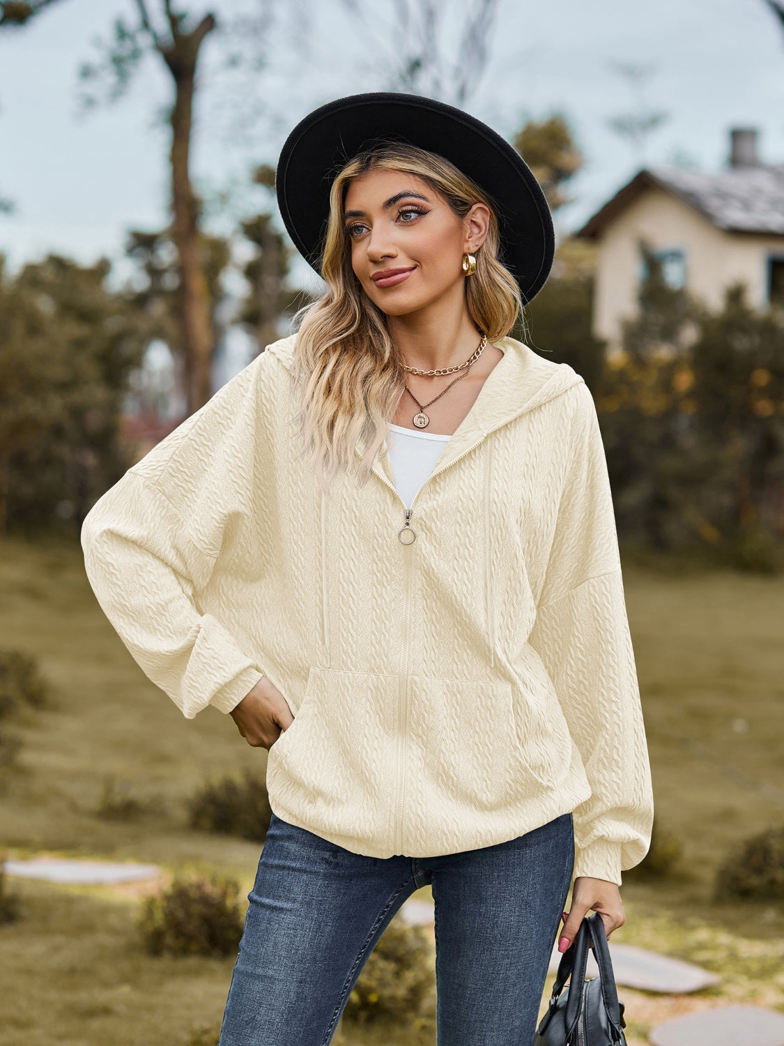 Zip Up Drawstring Long Sleeve Hooded Jacket-Angel Casuals