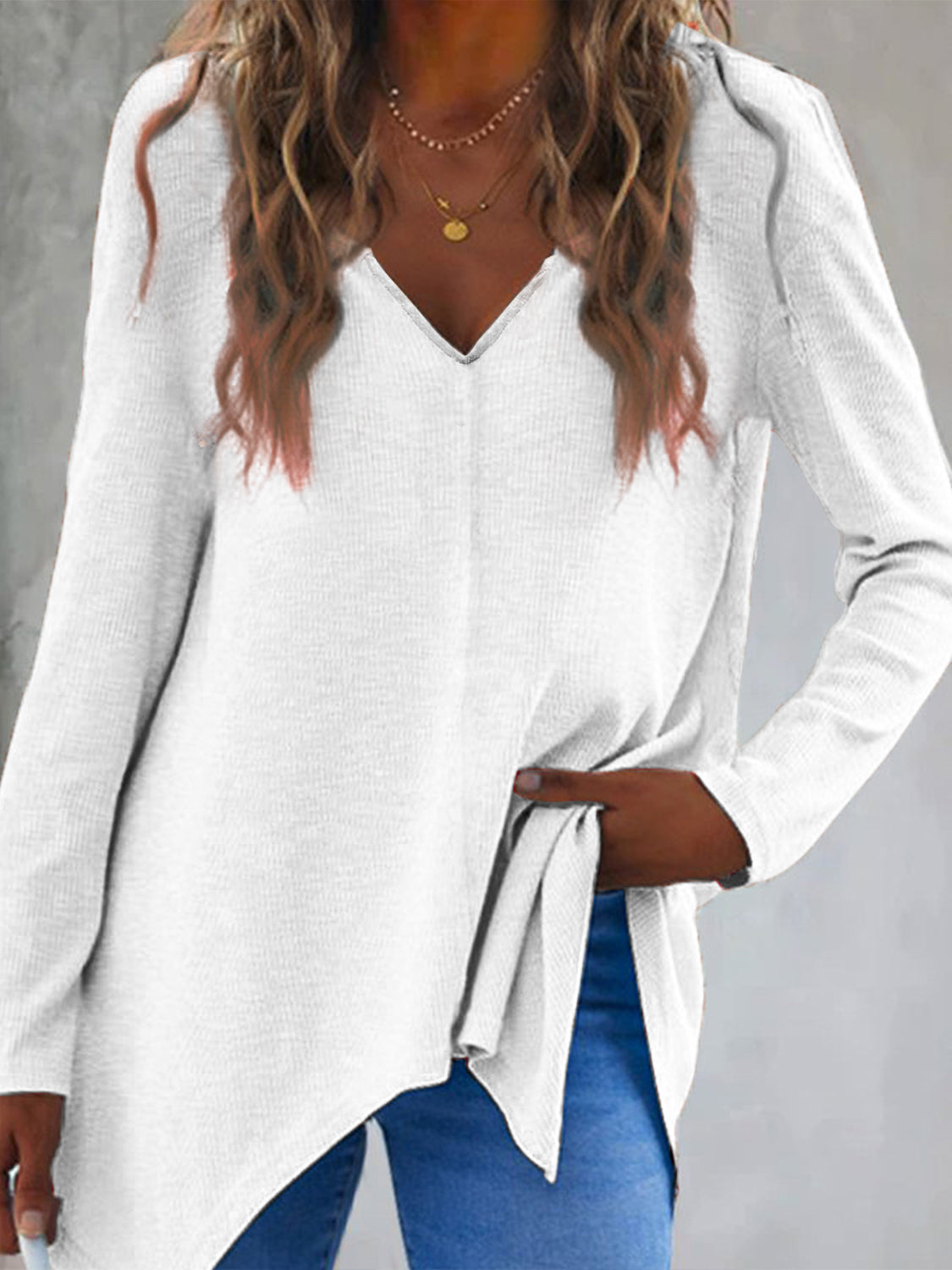 Full Size V-Neck Long Sleeve T-Shirt-Angel Casuals