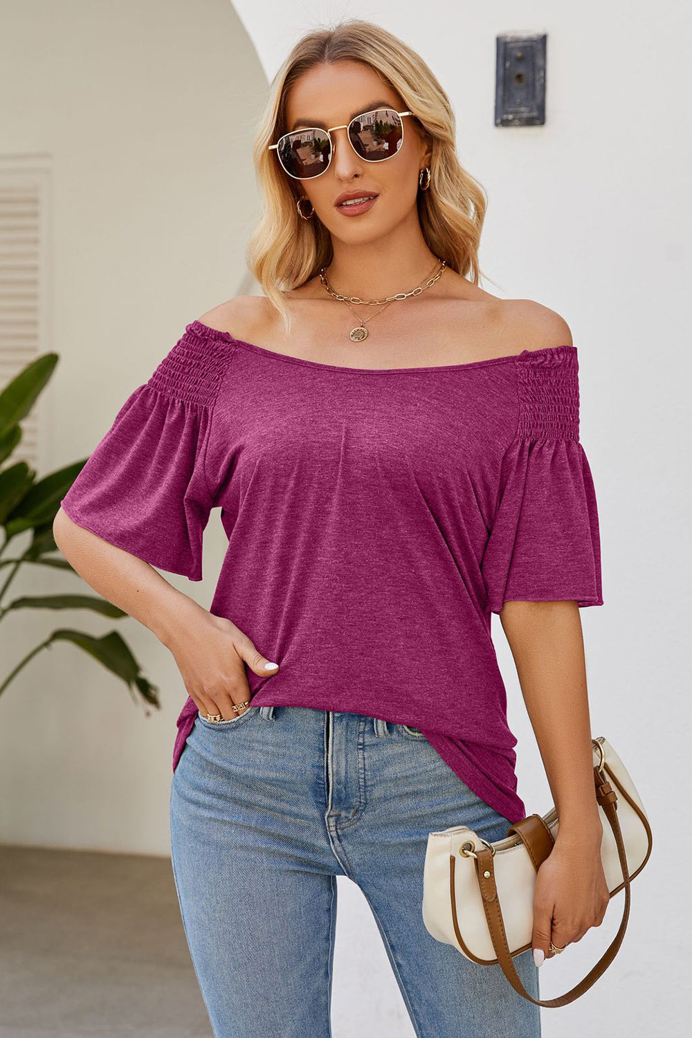 Smocked Round Neck Flutter Sleeve T-Shirt-Angel Casuals