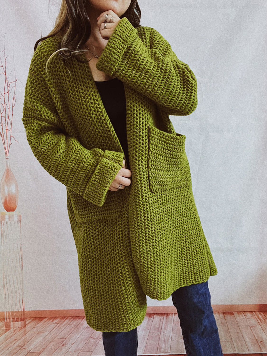 Open Front Long Sleeve Cardigan with Pockets-Angel Casuals