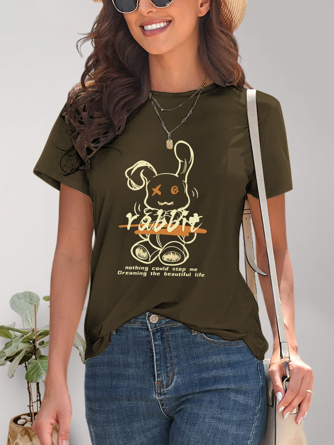 Rabbit Graphic Round Neck Short Sleeve T-Shirt-Angel Casuals