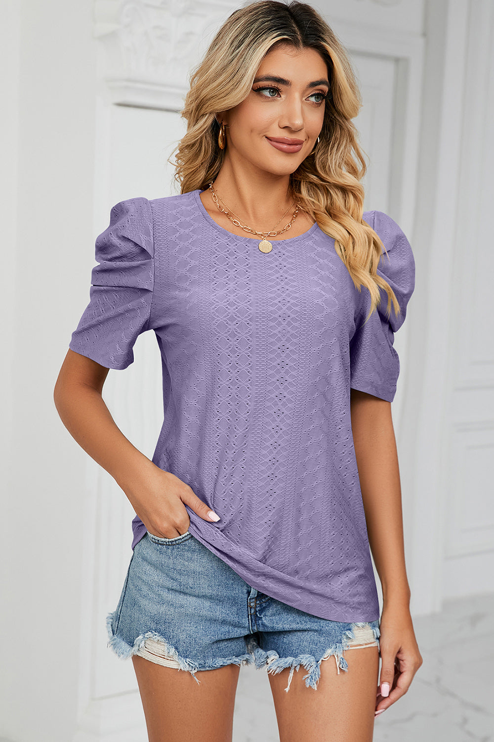 Eyelet Round Neck Puff Sleeve T-Shirt-Angel Casuals