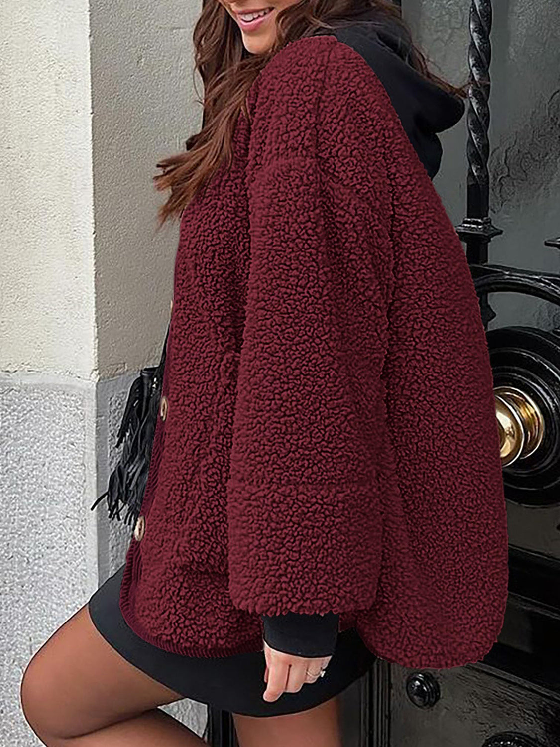 Contrast Button Up Sherpa Jacket with Pockets-Angel Casuals