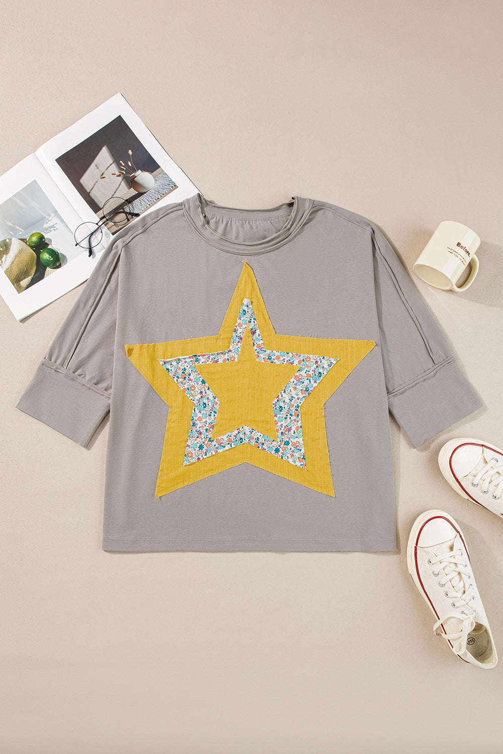 Star Applique Round Neck T-Shirt-Angel Casuals