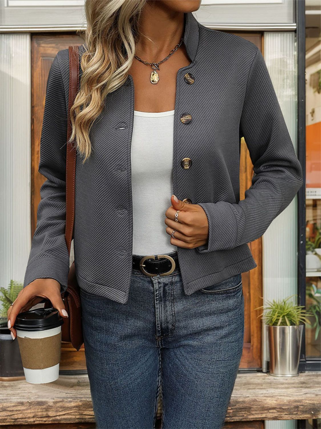 Perfee Textured Button Up Long Sleeve Jacket-Angel Casuals