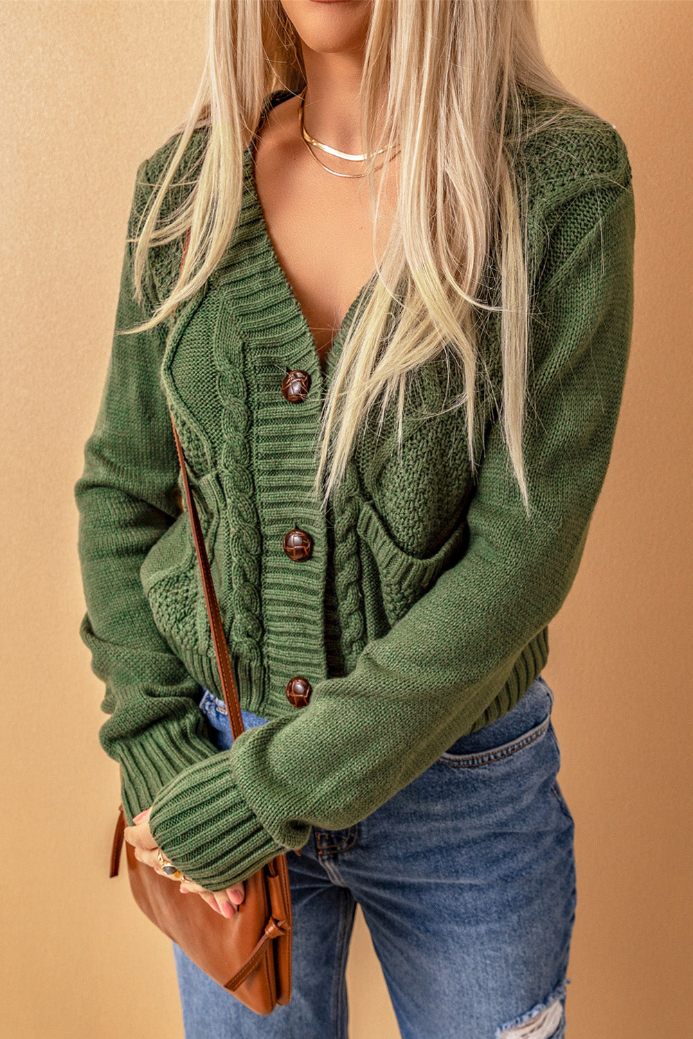 Cable-Knit Button Down V-Neck Cardigan-Angel Casuals