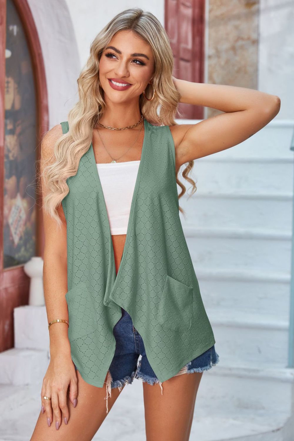 Eyelet Open Front Sleeveless Cardigan-Angel Casuals