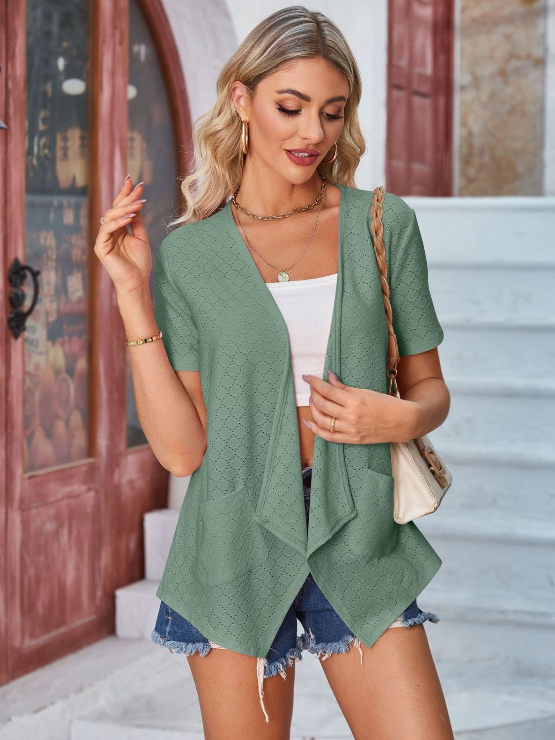 Eyelet Open Front Short Sleeve Cover Up-Angel Casuals