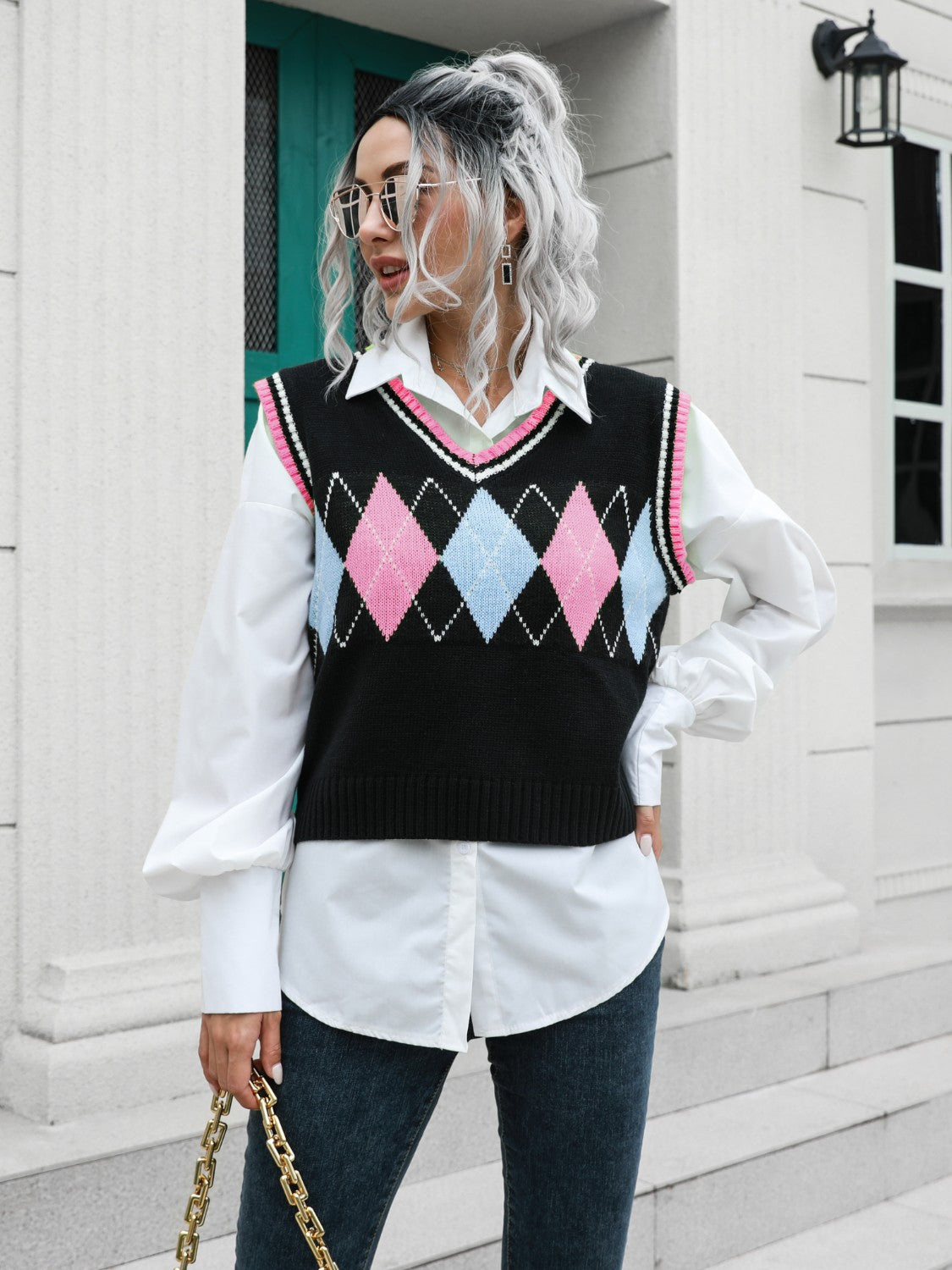 Geometric V-Neck Sweater Vest-Angel Casuals
