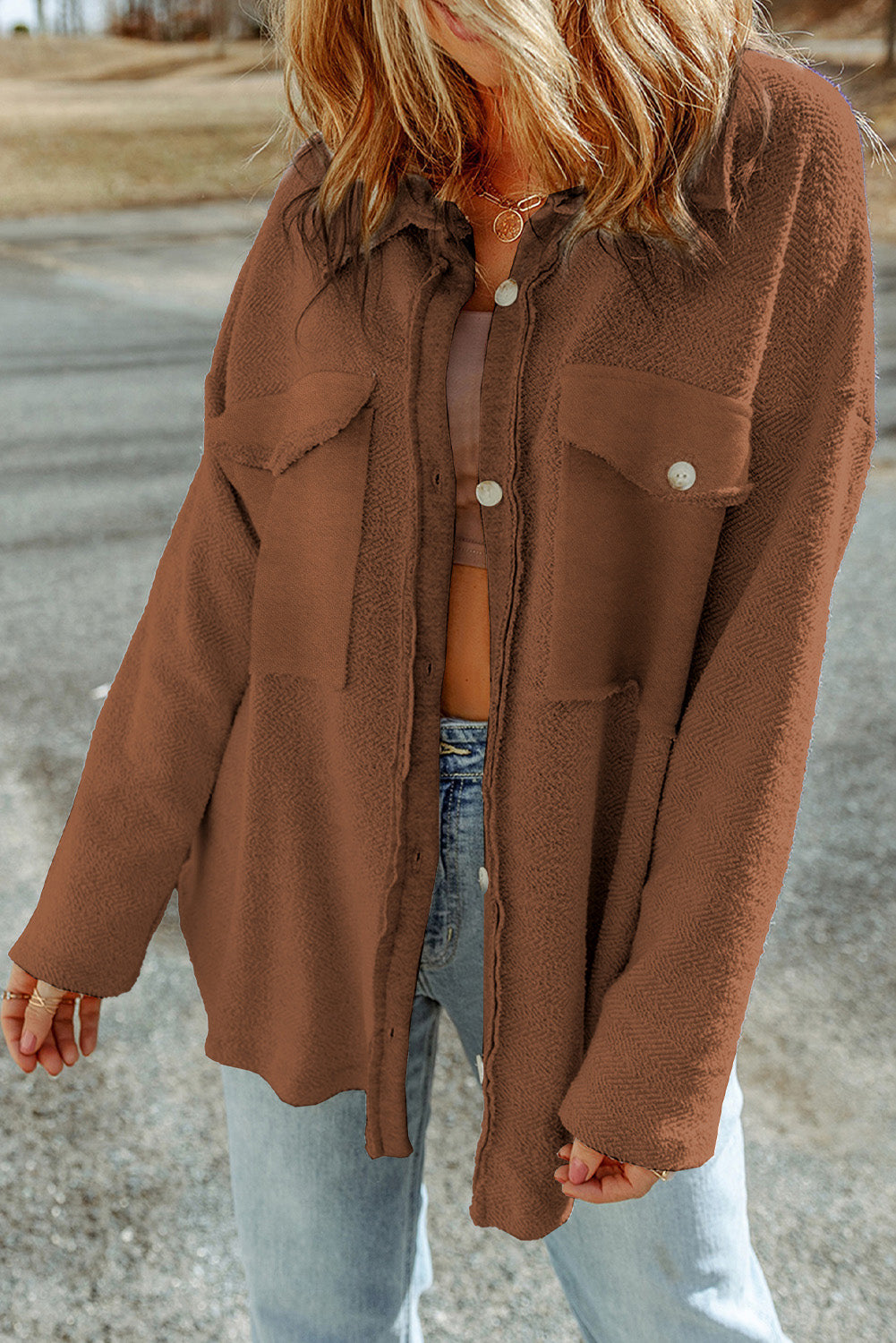 Pocketed Button Up Droppped Shoulder Jacket-Angel Casuals