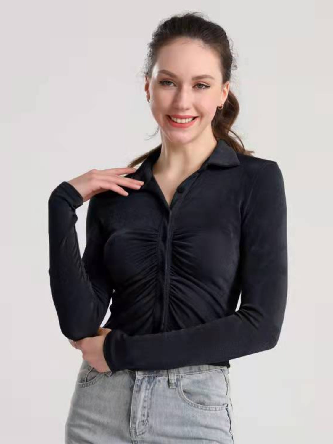 Ruched Button Up Long Sleeve T-Shirt-Angel Casuals