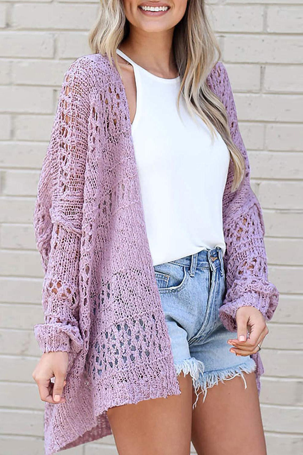 Openwork Open Front Long Sleeve Cardigan-Angel Casuals