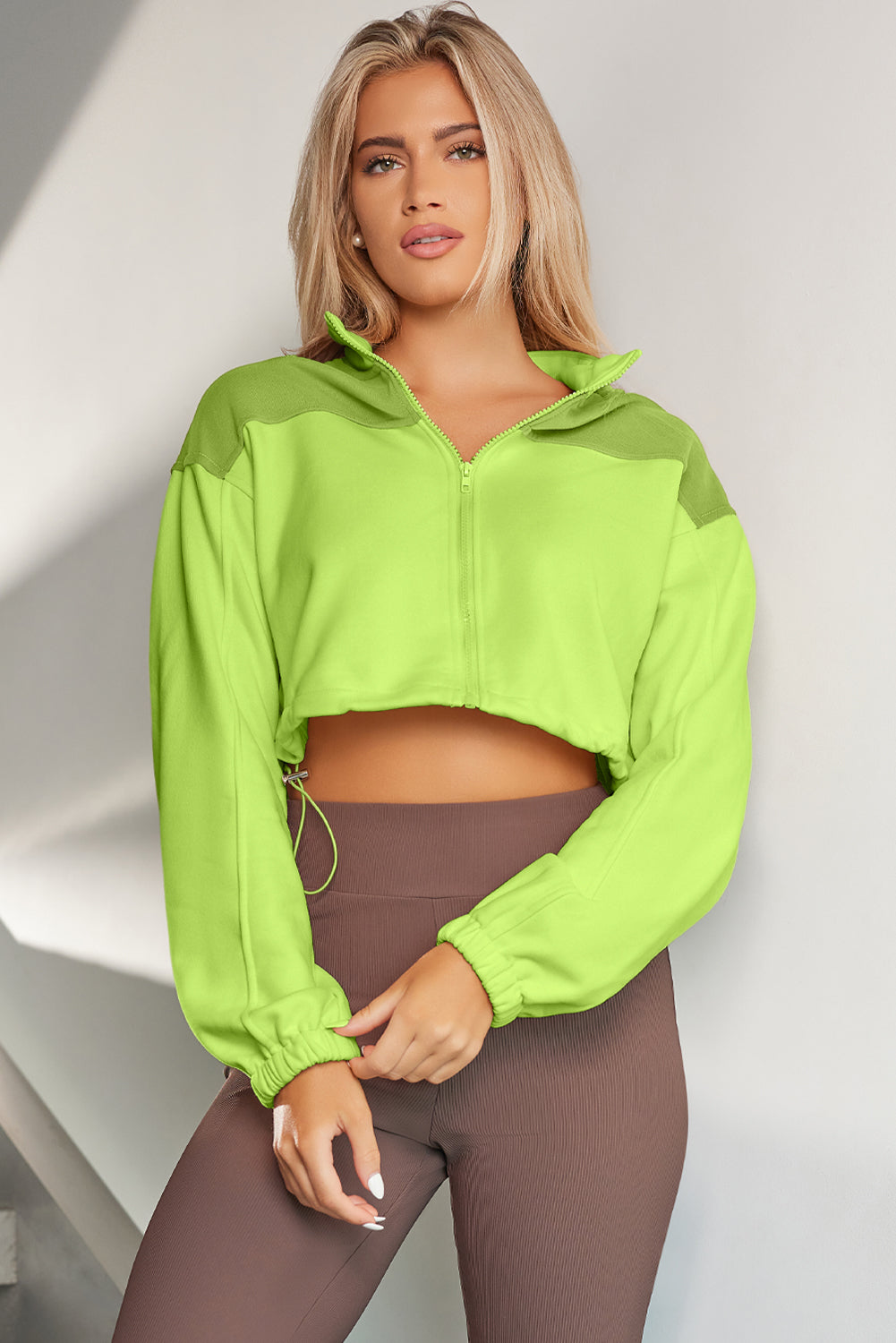 Contrast Drawstring Zip Up Jacket-Angel Casuals