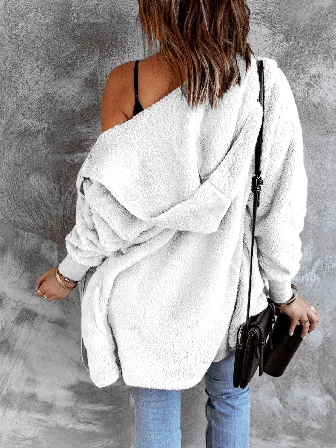 Open Front Hooded Faux Fur Outwear with Pockets-Angel Casuals