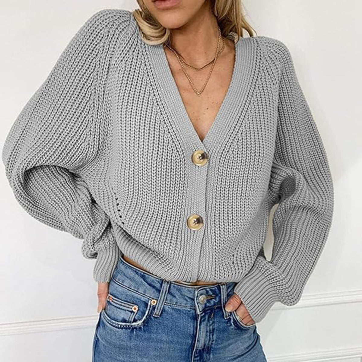 Button Up V-Neck Long Sleeve Cardigan-Angel Casuals