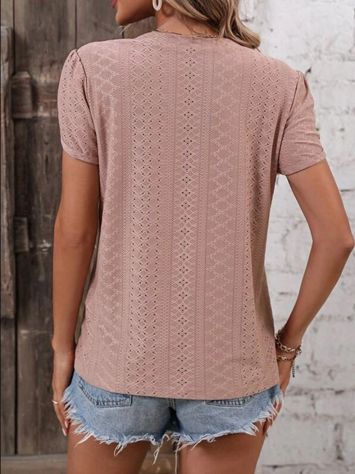 Eyelet V-Neck Petal Sleeve T-Shirt-Angel Casuals