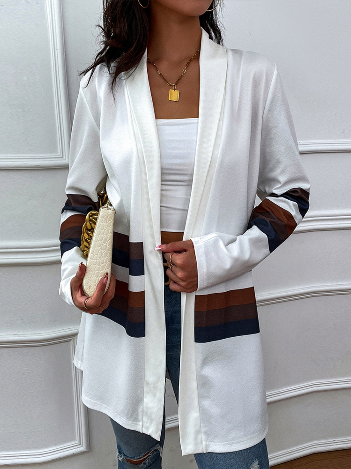 Shiny Color Block Open Front Cardigan-Angel Casuals