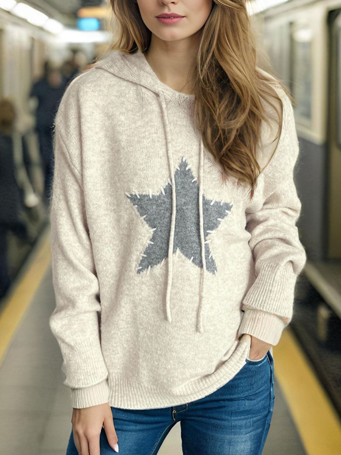 Drawstring Star Long Sleeve Hooded Sweater-Angel Casuals