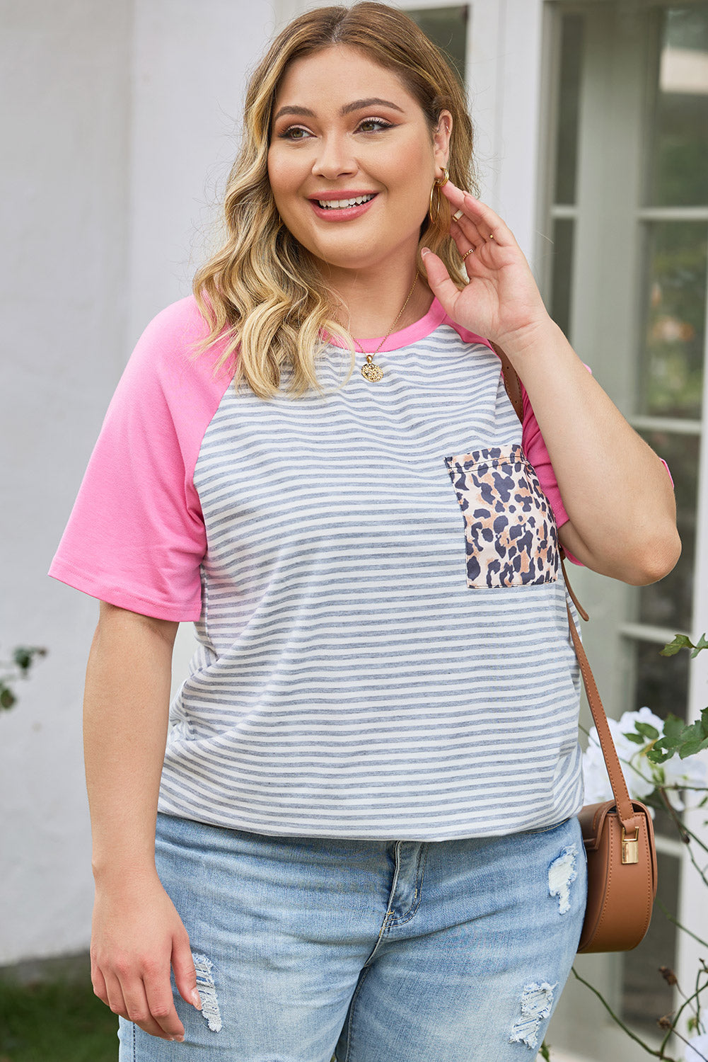 Plus Size Striped Leopard Round Neck T-Shirt-Angel Casuals