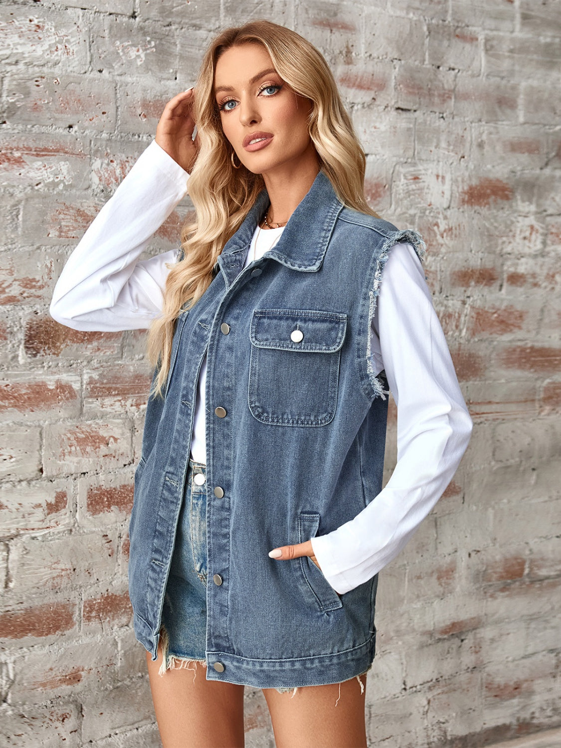 Raw Hem Sleeveless Button Up Denim Jacket-Angel Casuals