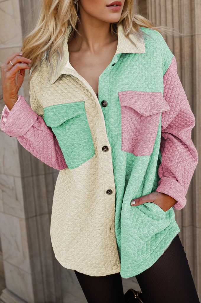 Color Block Button Up Long Sleeve Shacket-Angel Casuals