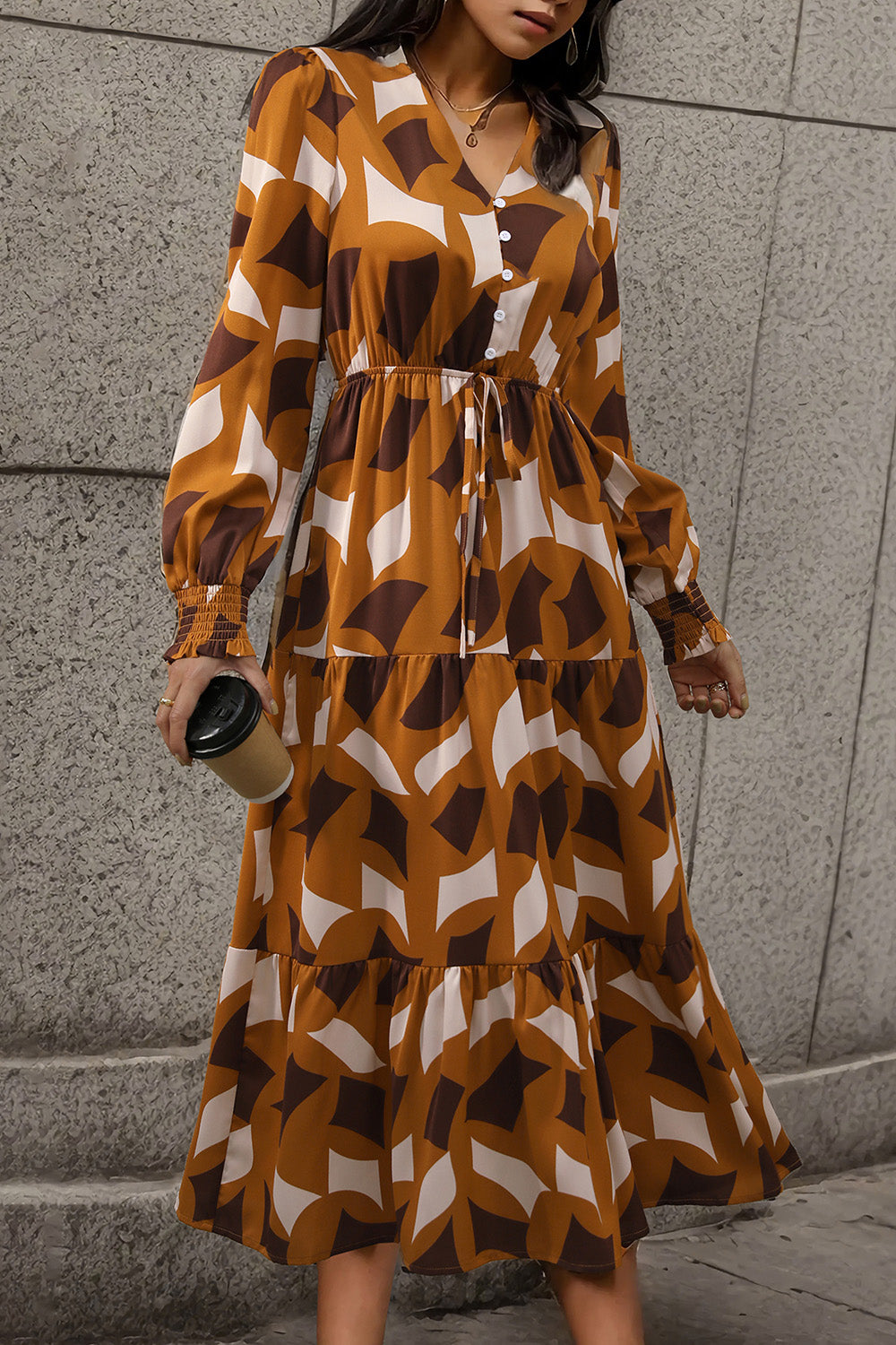 Printed Tied Pocketed Lantern Sleeve Dress-Angel Casuals