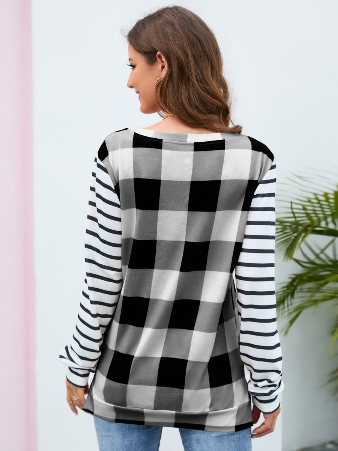 Plaid Striped Round Neck Long Sleeve T-Shirt-Angel Casuals