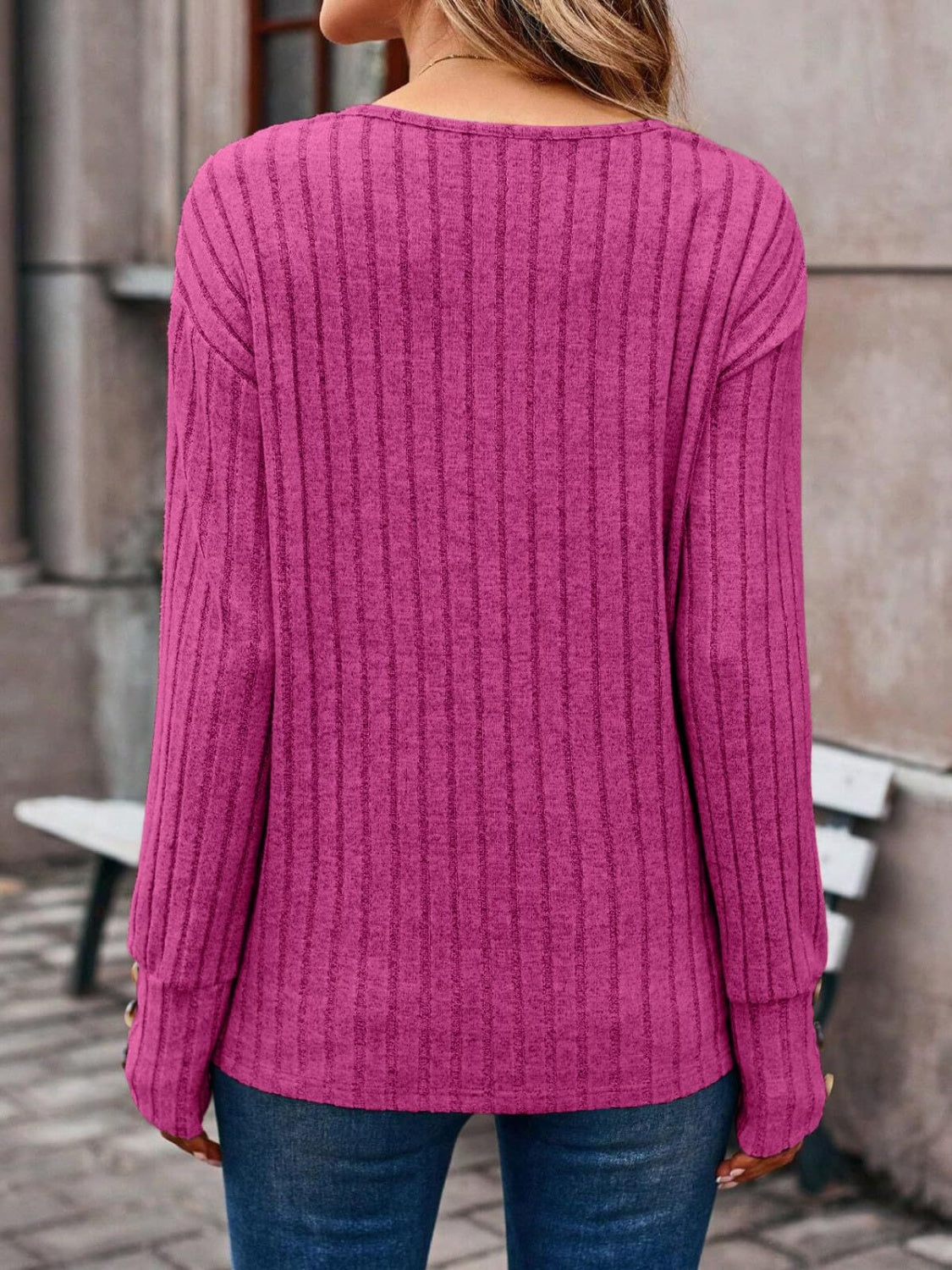 Ribbed V-Neck Long Sleeve T-Shirt-Angel Casuals