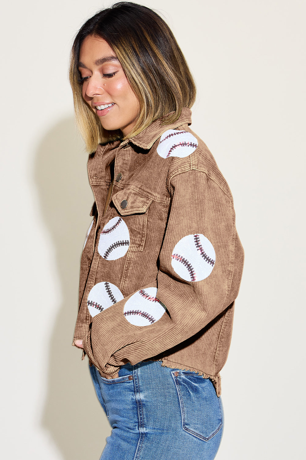 Baseball Sequin Dropped Shoulder Raw Hem Jacket-Angel Casuals