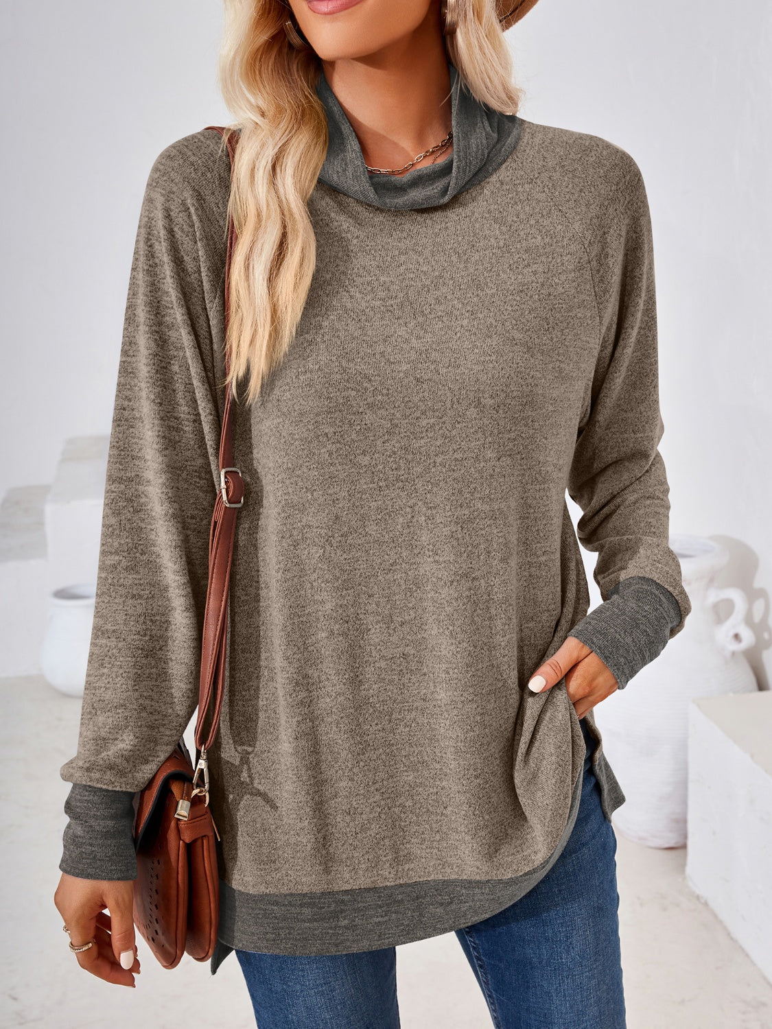 Contrast Mock Neck Long Sleeve T-Shirt-Angel Casuals