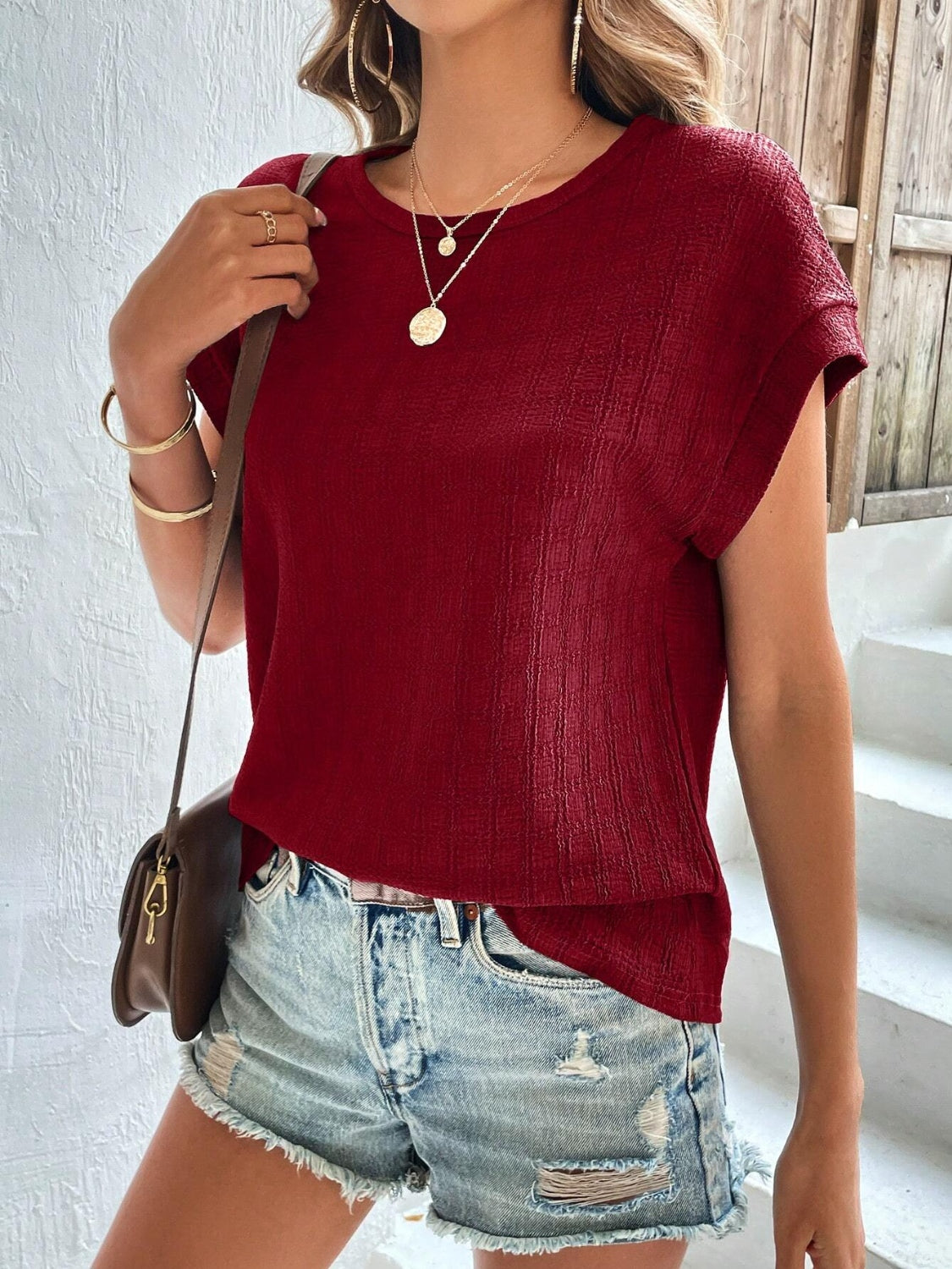 Textured Round Neck Short Sleeve Top-Angel Casuals