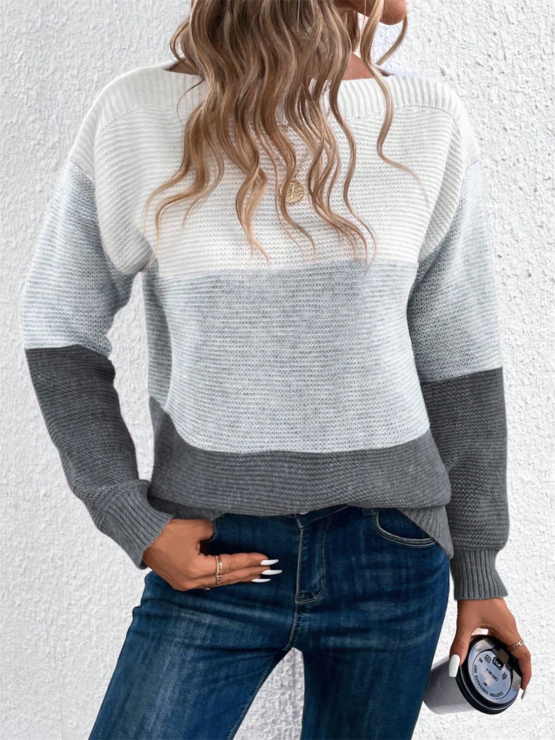 Color Block Drop Shoulder Long Sleeve Sweater-Angel Casuals