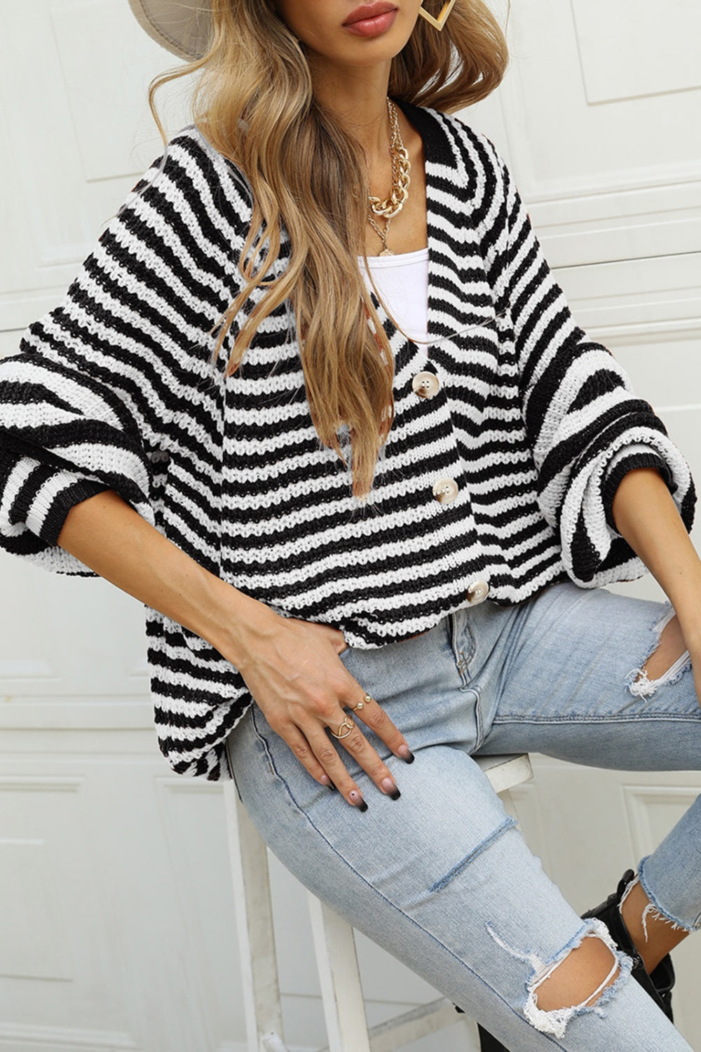 Angel Wings Striped Button Up Long Sleeve Cardigan-Angel Casuals