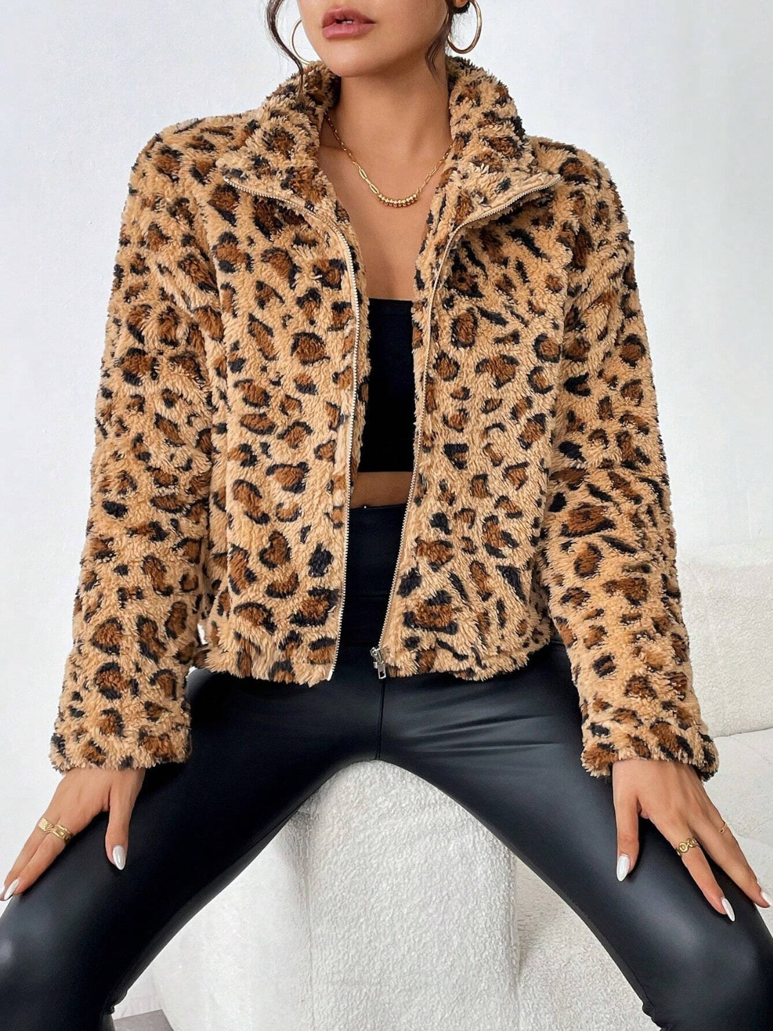 Fuzzy Turtleneck Leopard Zip Up Jacket-Angel Casuals