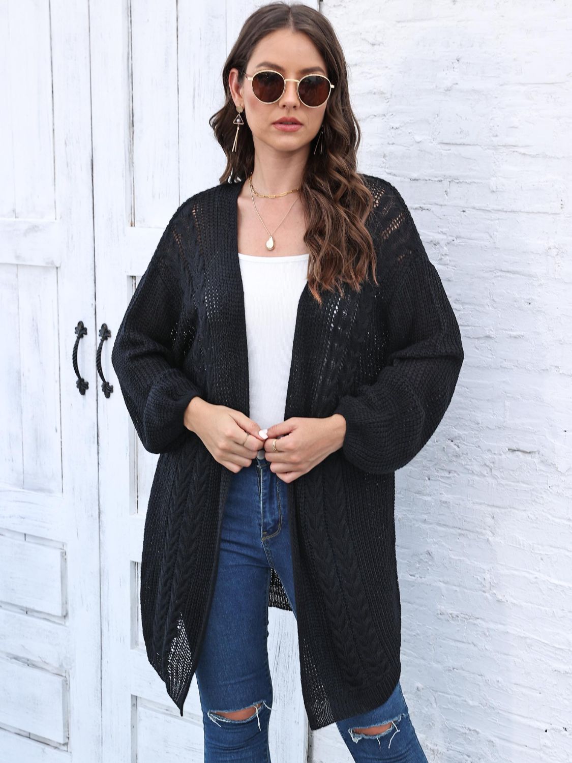 Cable-Knit Open Front Long Sleeve Cardigan-Angel Casuals