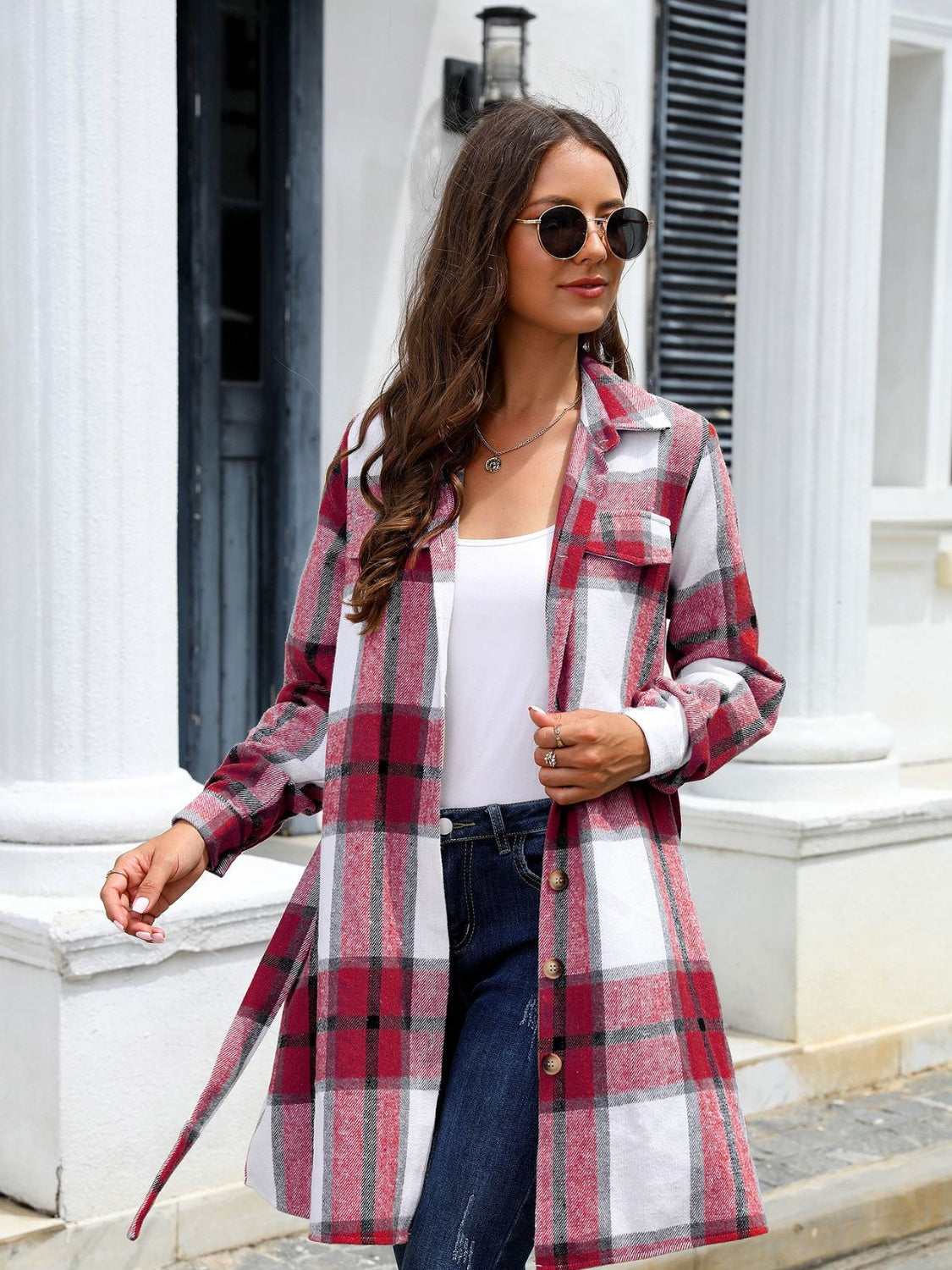 Plaid Belted Collared Neck Button Up Jacket-Angel Casuals