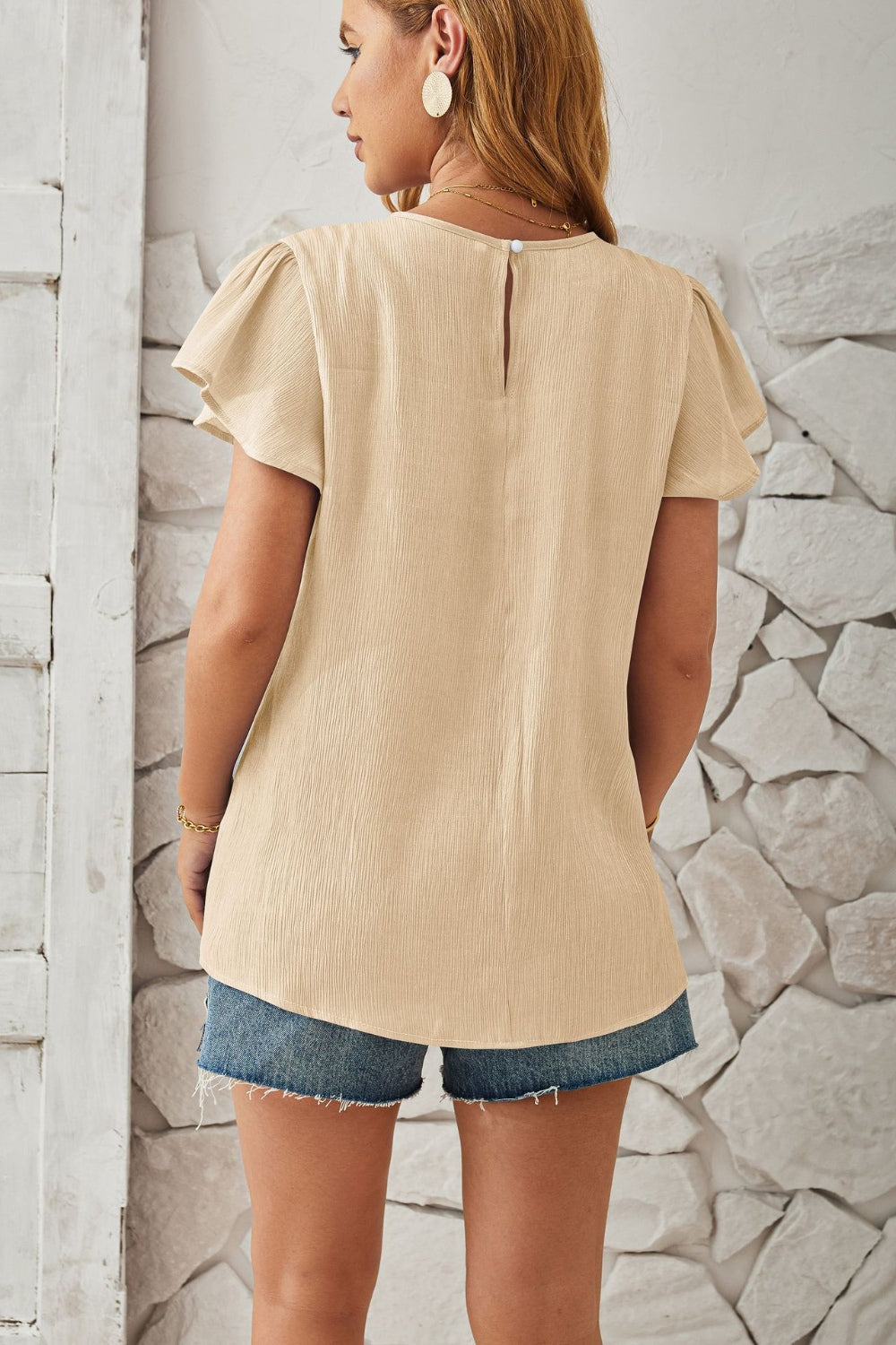 Round Neck Keyhole Cap Sleeve T-Shirt-Angel Casuals