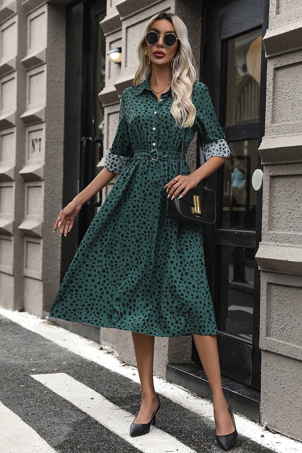 Printed Belted Long Sleeve Midi Dress-Angel Casuals