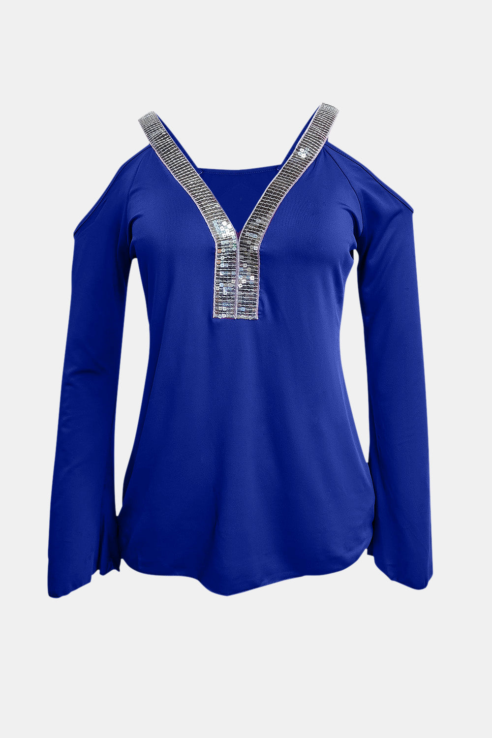 Sequin V-Neck Cold Shoulder Top-Angel Casuals