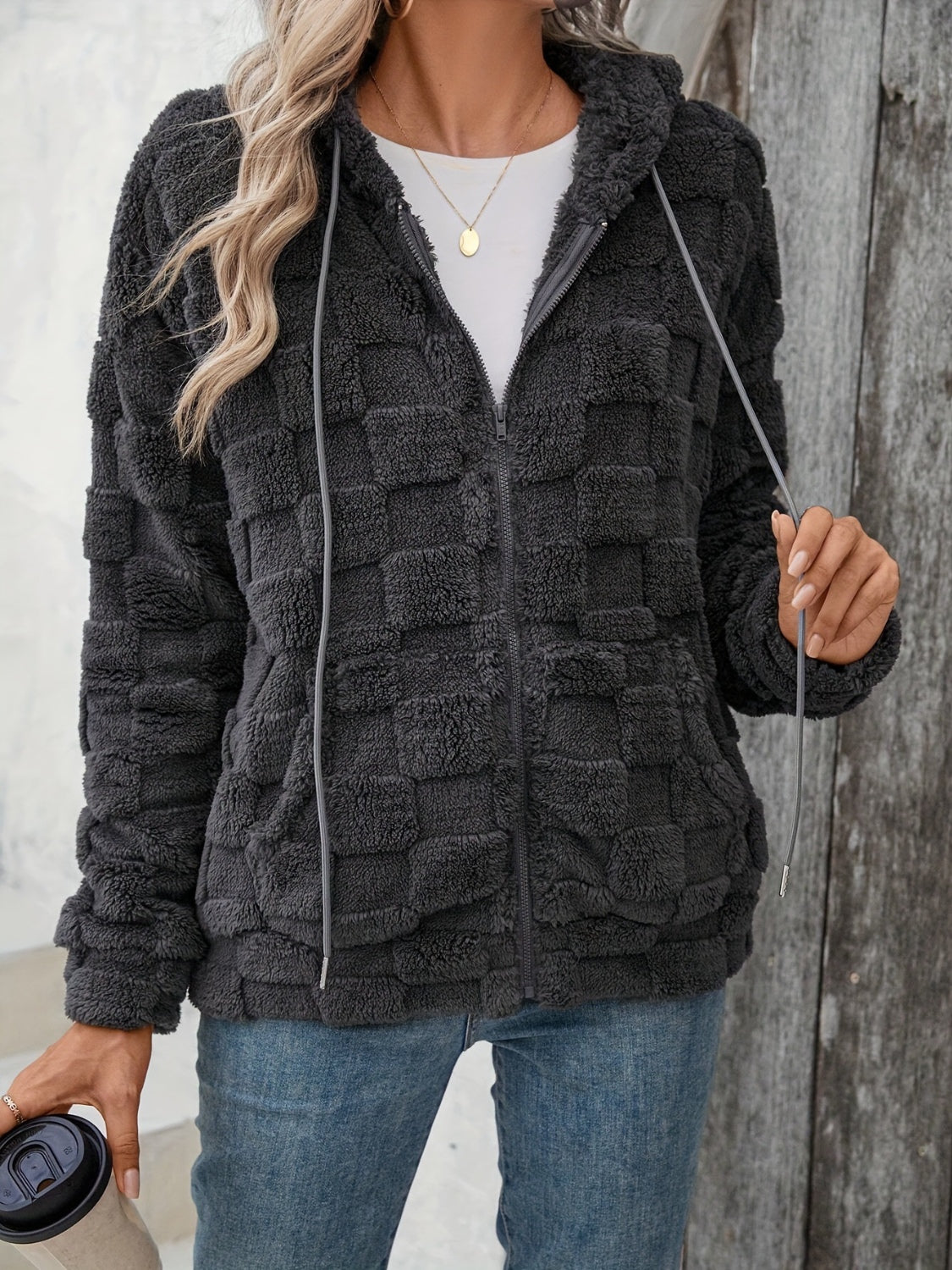 Checkered Texture Zip Up Drawstring Fuzzy Jacket-Angel Casuals