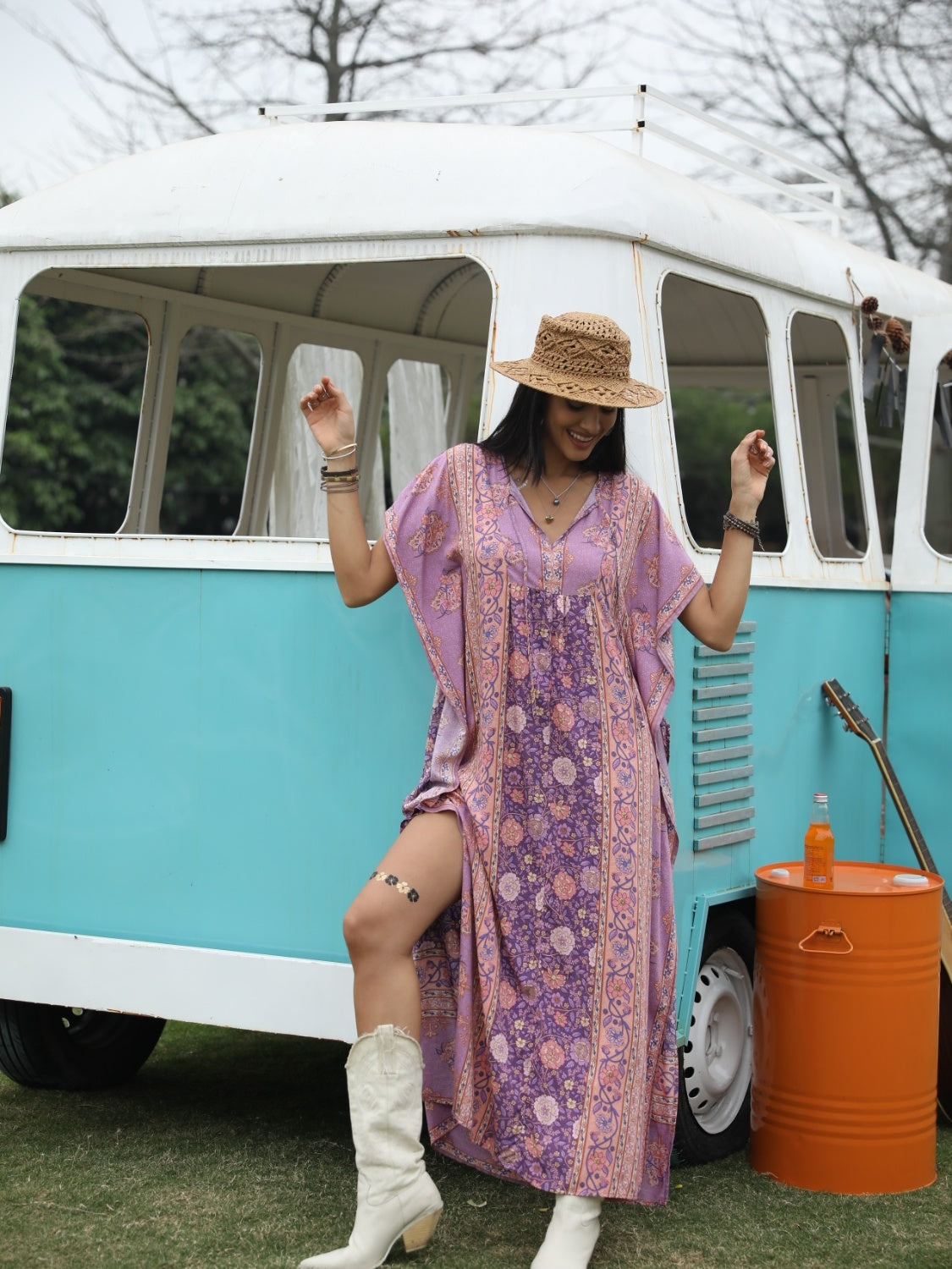Printed Tie Neck Short Sleeve Dress-Angel Casuals