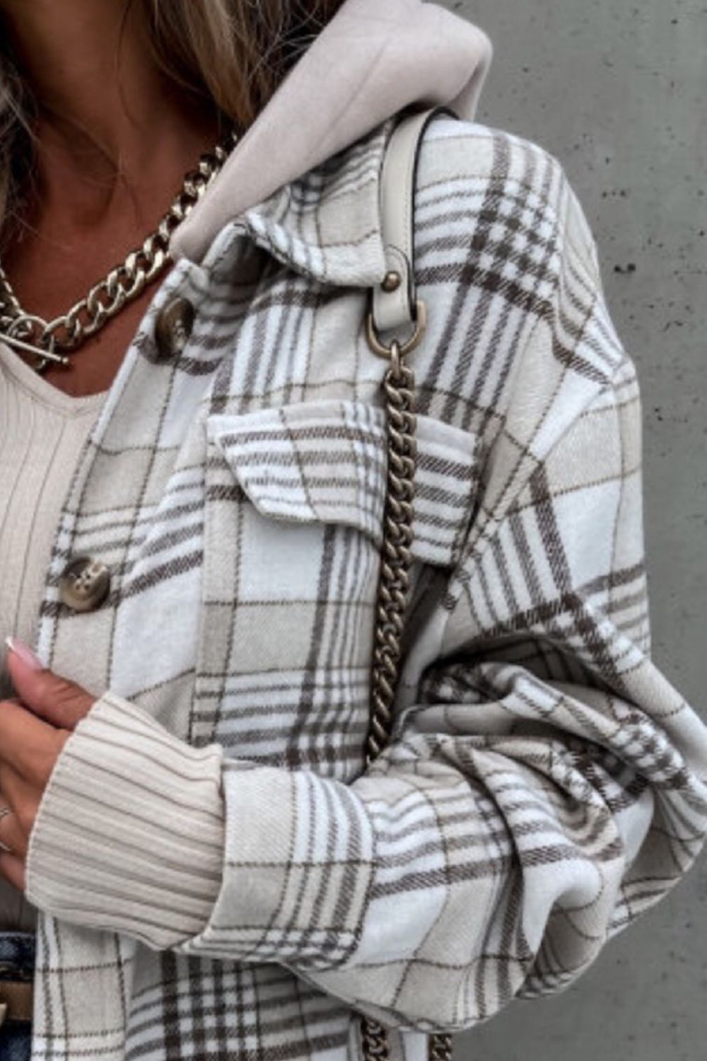 Plaid Button Up Jacket with Removable Hood-Angel Casuals