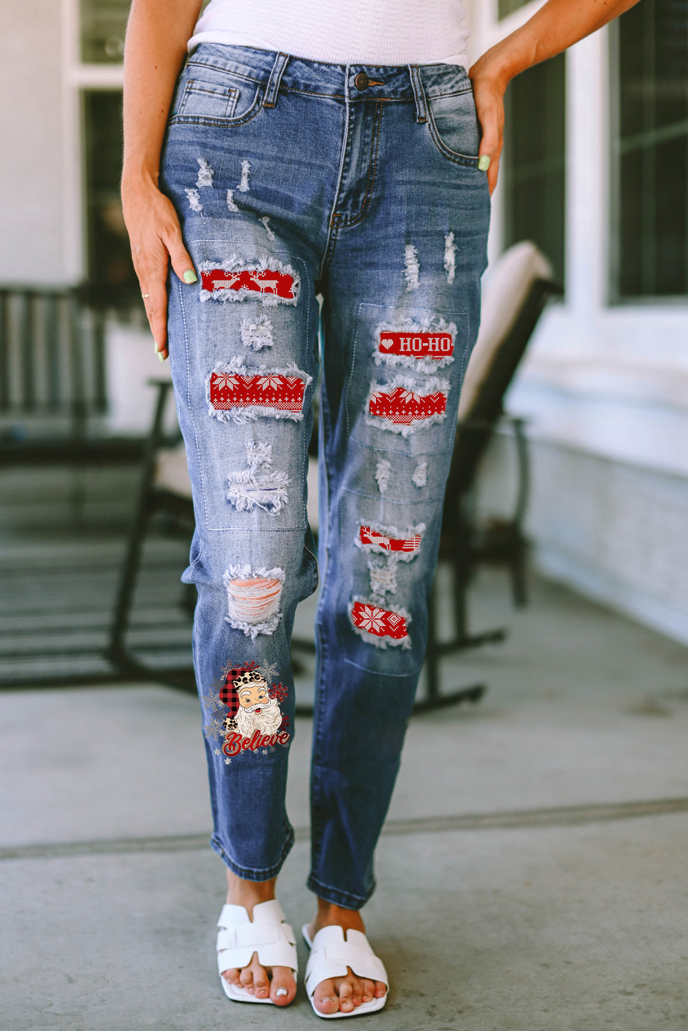 Santa Graphic Distressed Straight Jeans-Angel Casuals